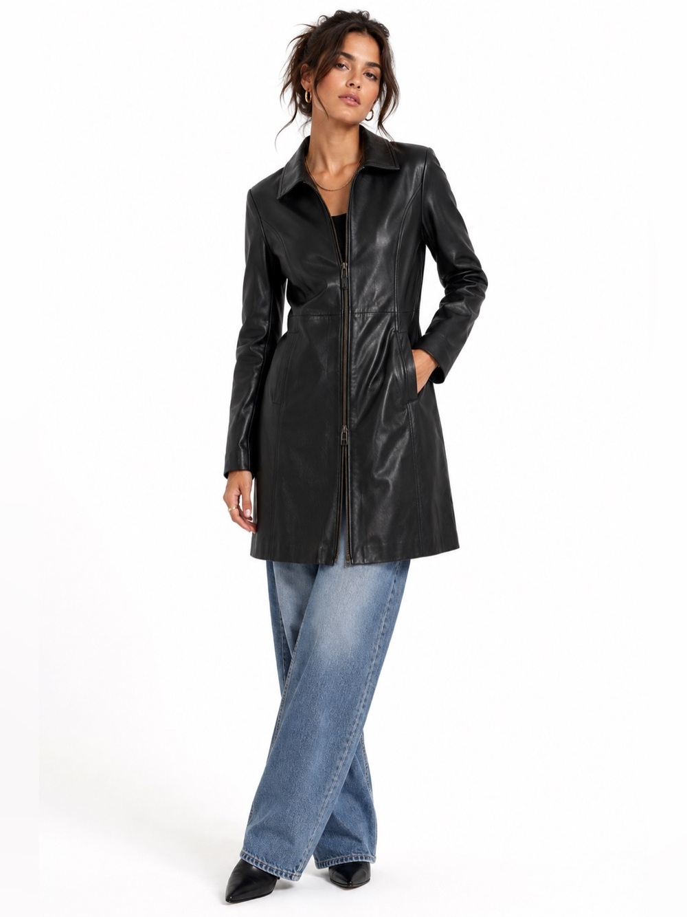 Katherine Kelly Genuine Lamb Leather Black Long Zip Front Coat Size Large